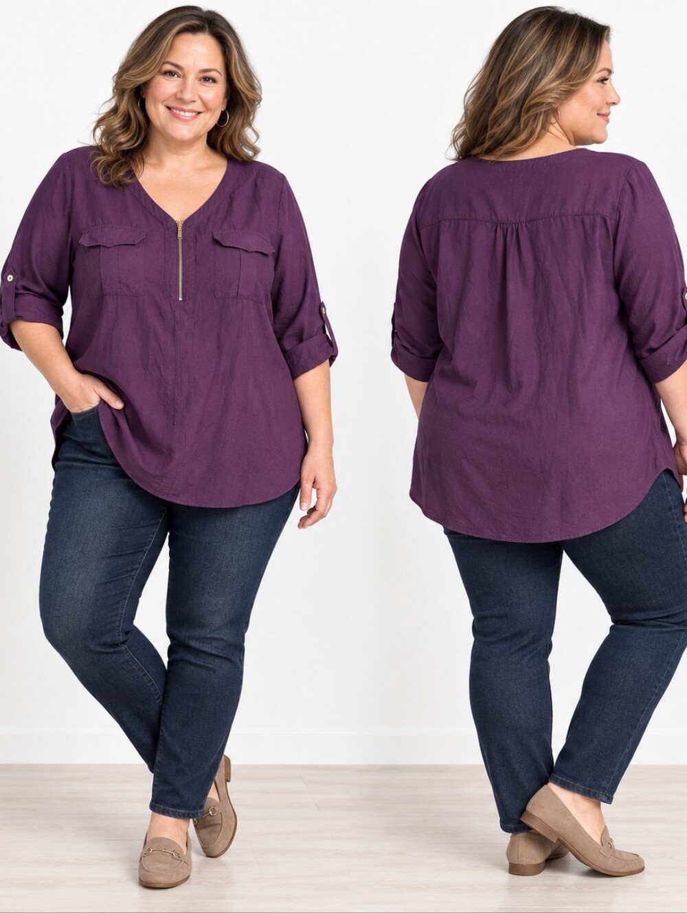 Roz & Ali Woman 3X Purple Utility Blouse Contemporary Casual Minimalist Modern